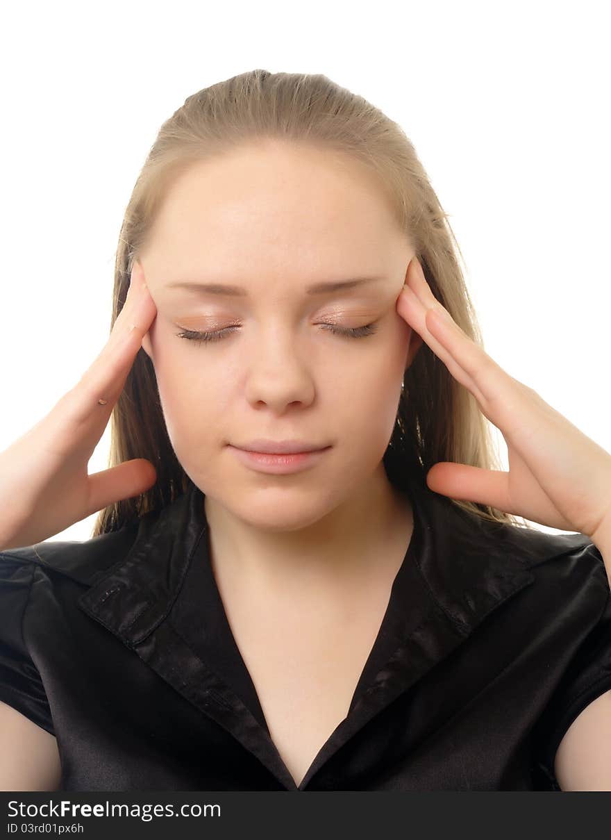 Girl having head ache over white background