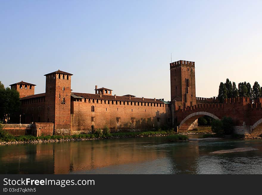 Castelvecchio (Old castle) and the Castelvecchio Bridge in Verona, construction of the Scaliger dynasty, Italy. Castelvecchio (Old castle) and the Castelvecchio Bridge in Verona, construction of the Scaliger dynasty, Italy