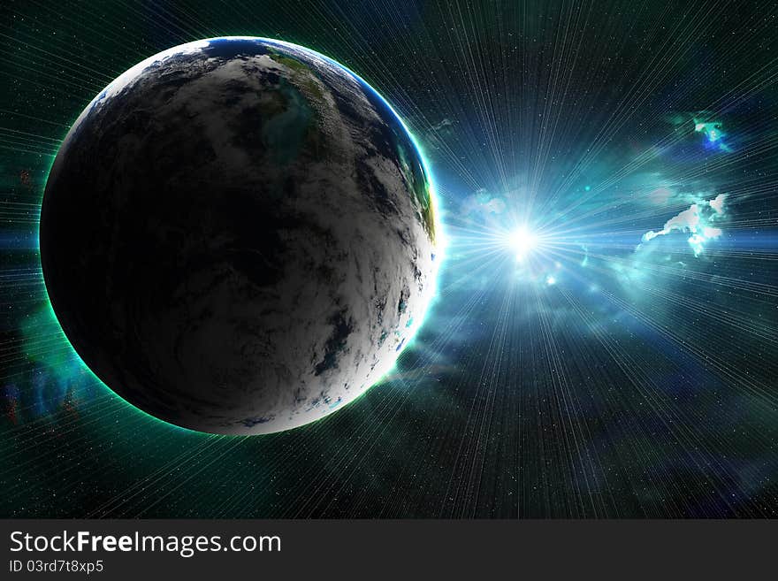 Planet with a flash of sun, abstract background