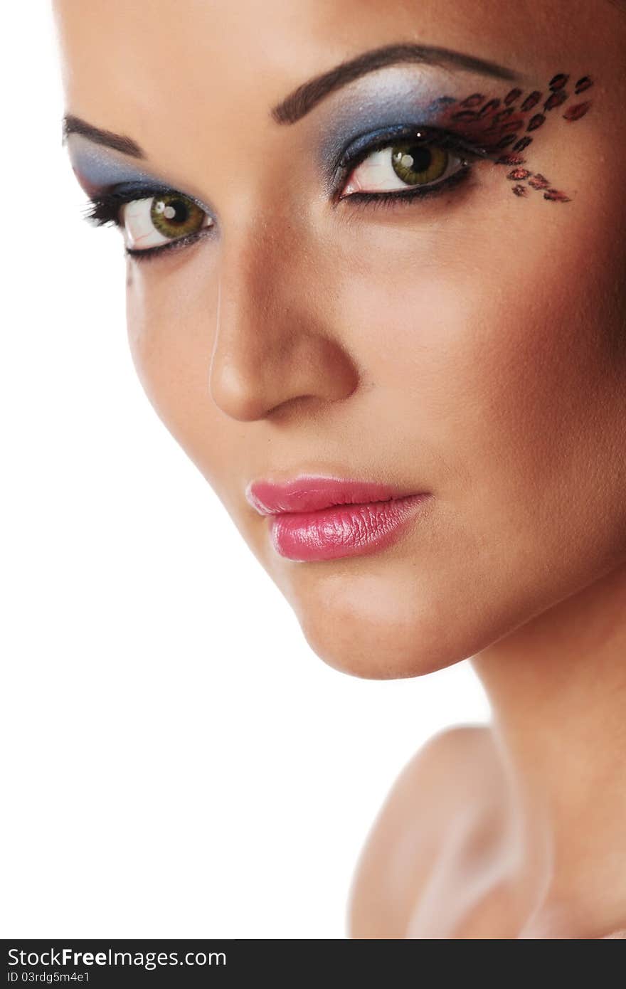 Woman in studio close portrait on white