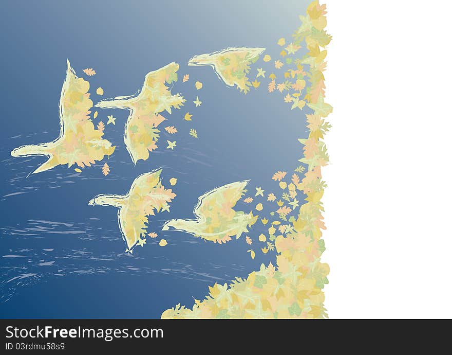 Illustration of five geese made by autumn leafs fly away to the left side. Illustration of five geese made by autumn leafs fly away to the left side