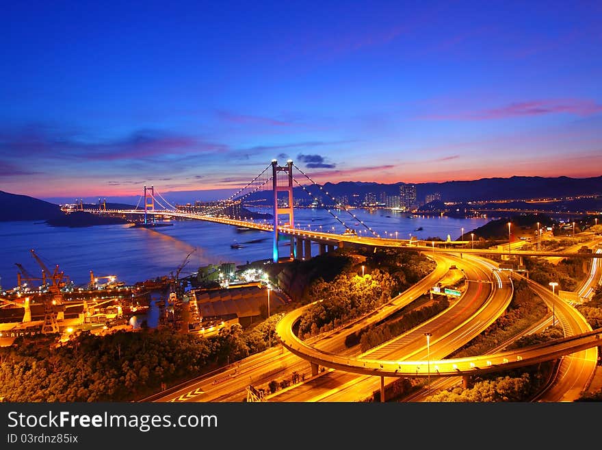 Tsing Ma Bridge At Sunset Time In Hong Kong