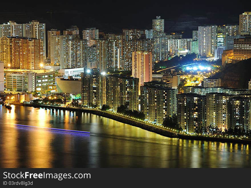 Night scenes of high-density buildings & harbour