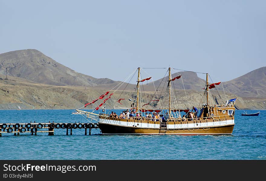 Cruiser with tourists in sea