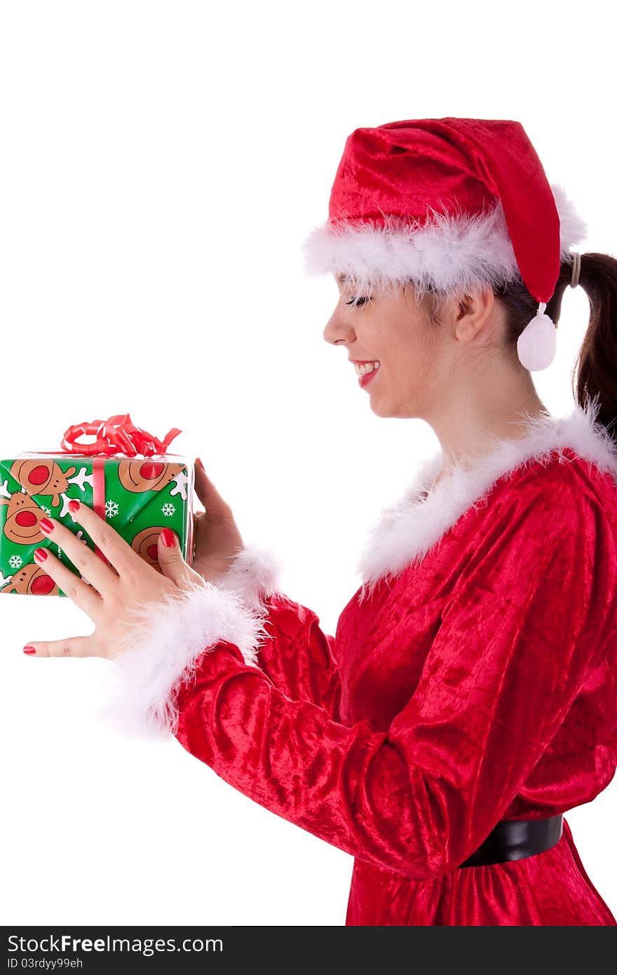 Santa Claus has a gift box in her hands. Santa Claus has a gift box in her hands