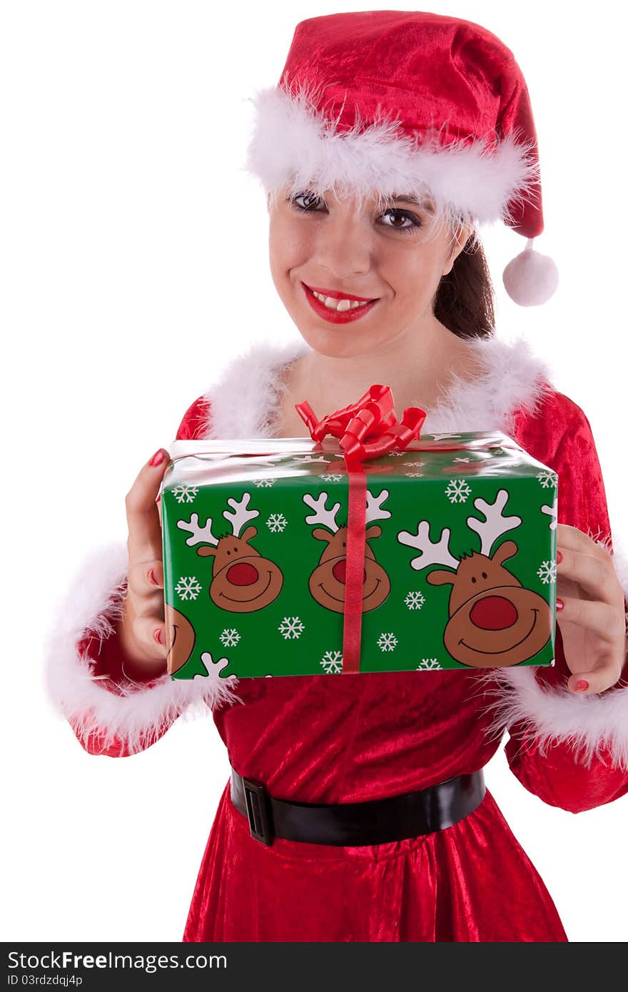 Santa Claus has a gift box in her hands. Santa Claus has a gift box in her hands