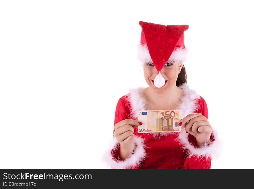 Santa Claus has notes in her hand. Santa Claus has notes in her hand