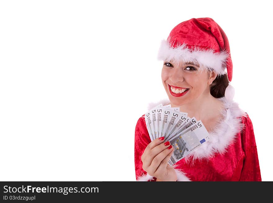 Santa Claus has notes in her hand. Santa Claus has notes in her hand