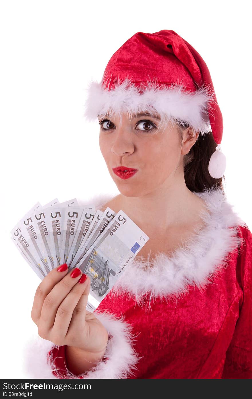 Santa Claus has notes in her hand. Santa Claus has notes in her hand