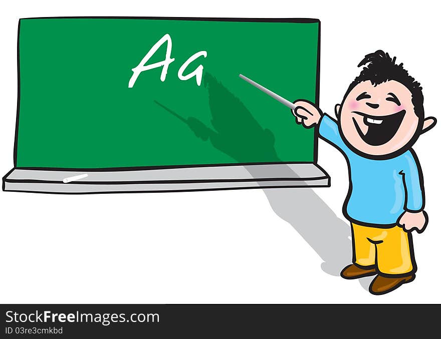 Cartoon illustration of a little student standing in front of a blackboard.