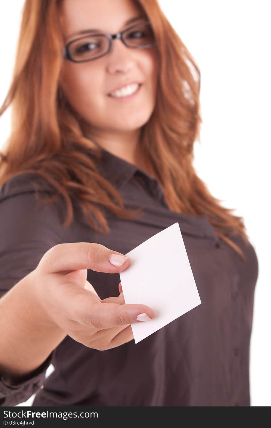 Woman holding empty white card, isolated over white