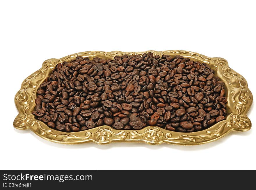 Grains Of Roasted Coffee On A Tray