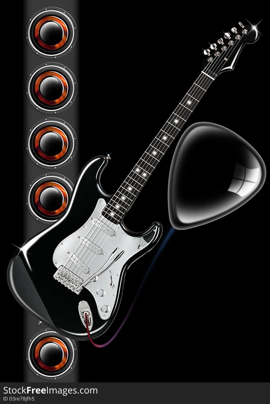 Electric guitar on black background with woofer and plectrum. Electric guitar on black background with woofer and plectrum