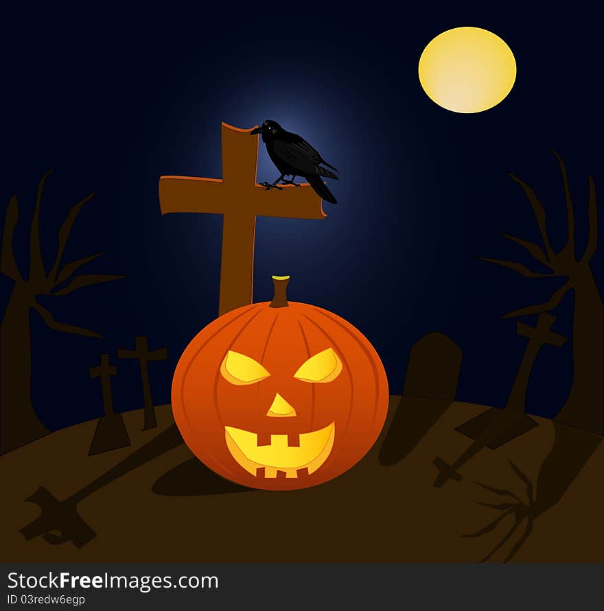 Halloween pumpkin and raven in cemetery during the full moon. Halloween pumpkin and raven in cemetery during the full moon