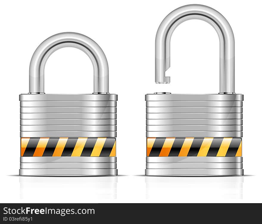 Two metal open and close padlocks on white, vector illustration. Two metal open and close padlocks on white, vector illustration