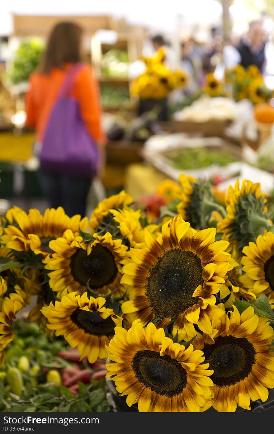 Fresh sunflowers in a street market.