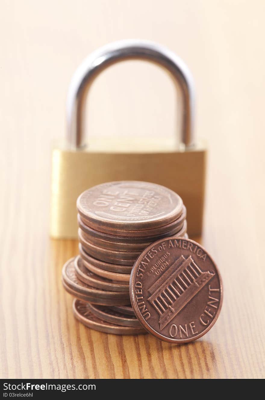 American coins and metal padlock. American coins and metal padlock