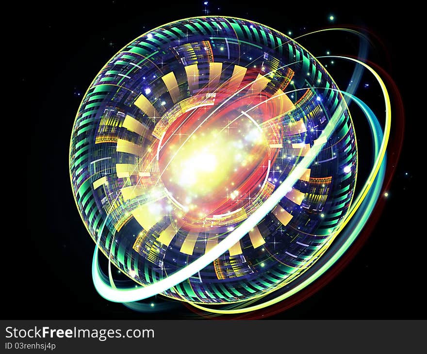 Interplay of abstract lights and circular forms on the subject of modern technology, virtual reality and science. Interplay of abstract lights and circular forms on the subject of modern technology, virtual reality and science