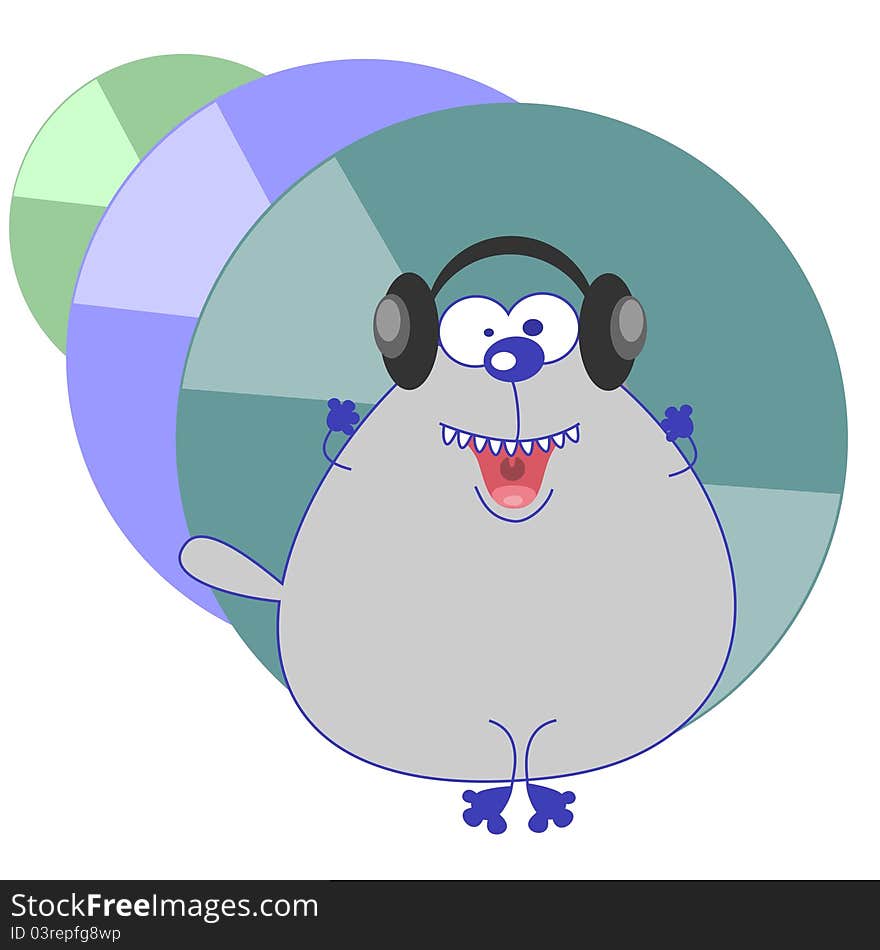 Cartoon cat with headphones and disks