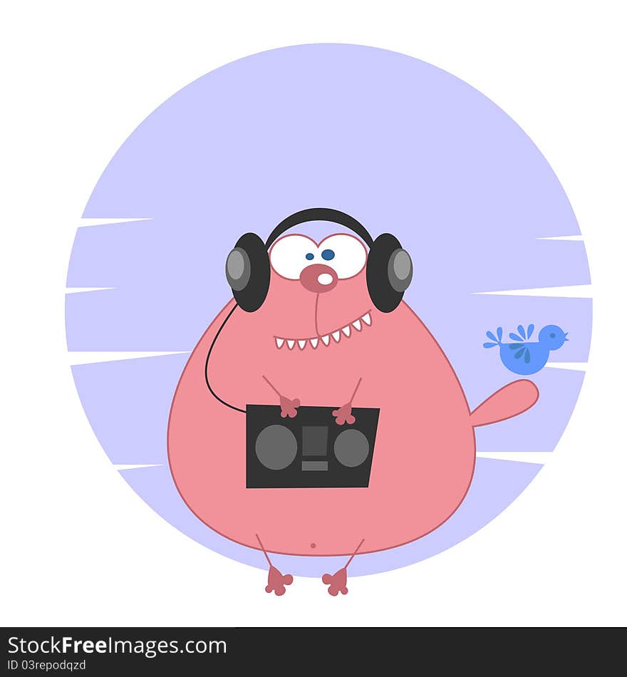 Cartoon cat with headphones and audio player. Cartoon cat with headphones and audio player