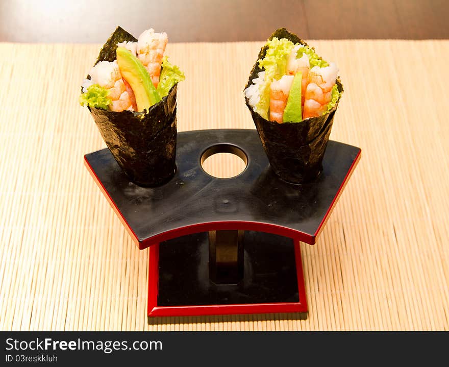 Shrimp salad in a seaweed cone