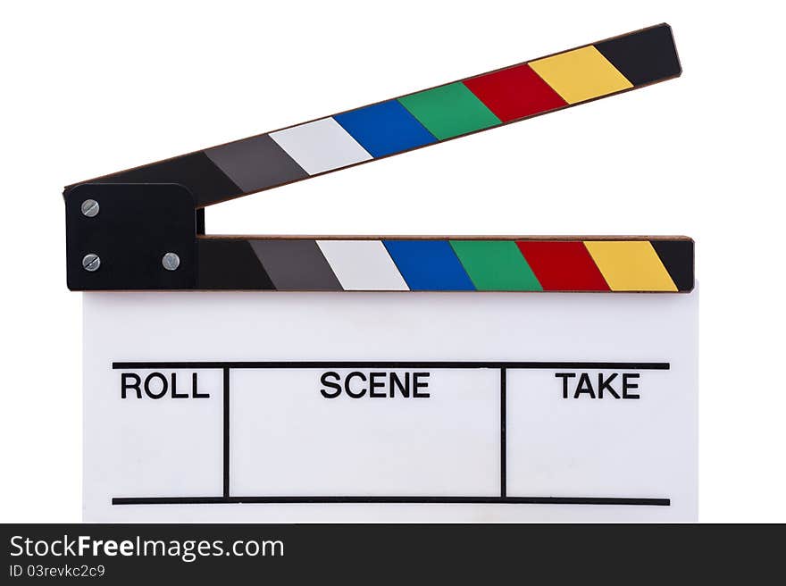 Close up frontview of a color clapperboard. Close up frontview of a color clapperboard