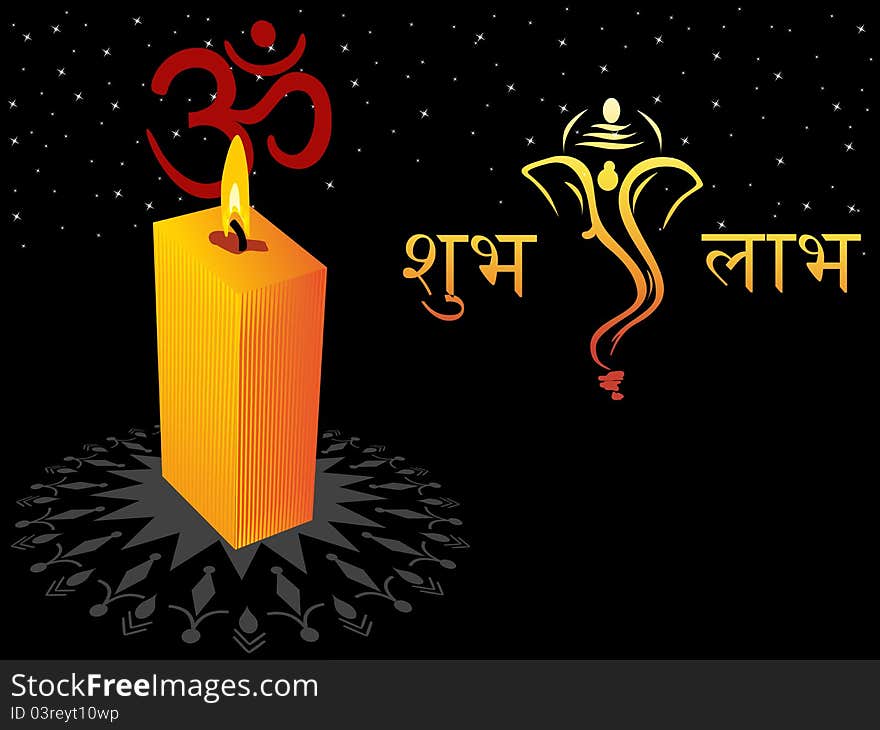 Black twinkle star, aum background with burning candle, ganpati face. Black twinkle star, aum background with burning candle, ganpati face