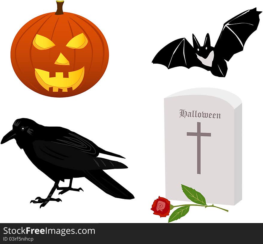 Halloween attributive - pumpkin, raven, grave and a bat. Halloween attributive - pumpkin, raven, grave and a bat