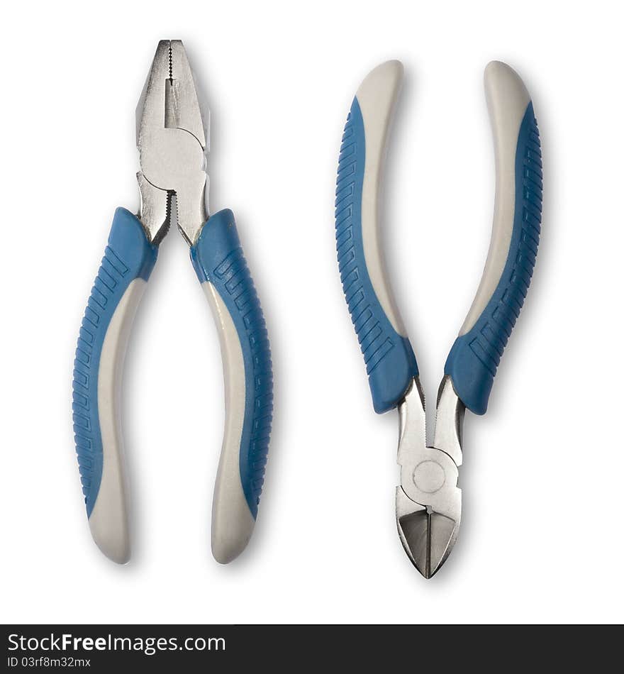 Pliers with blue knobs. On a white background.