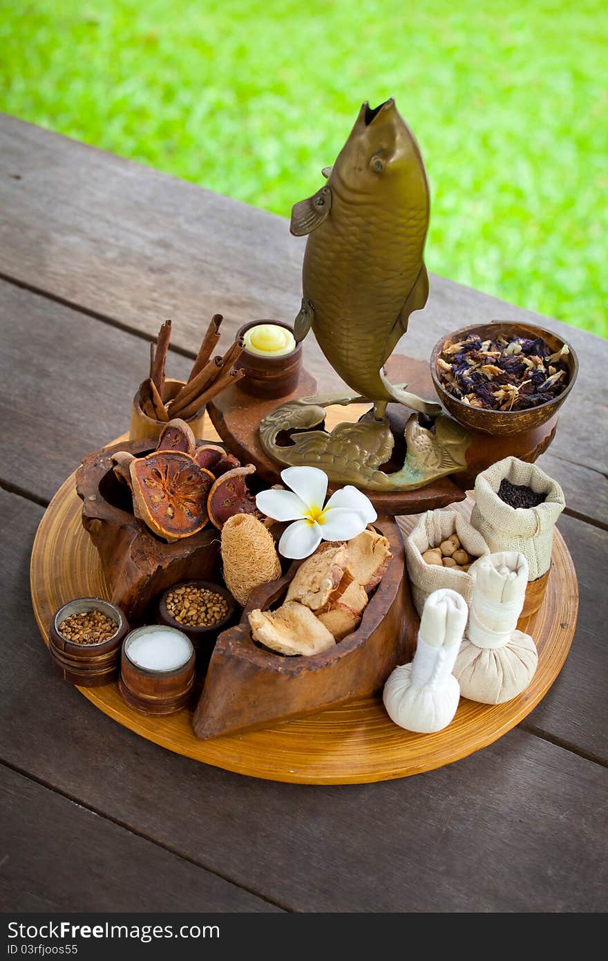 Set with spa objects on the wood