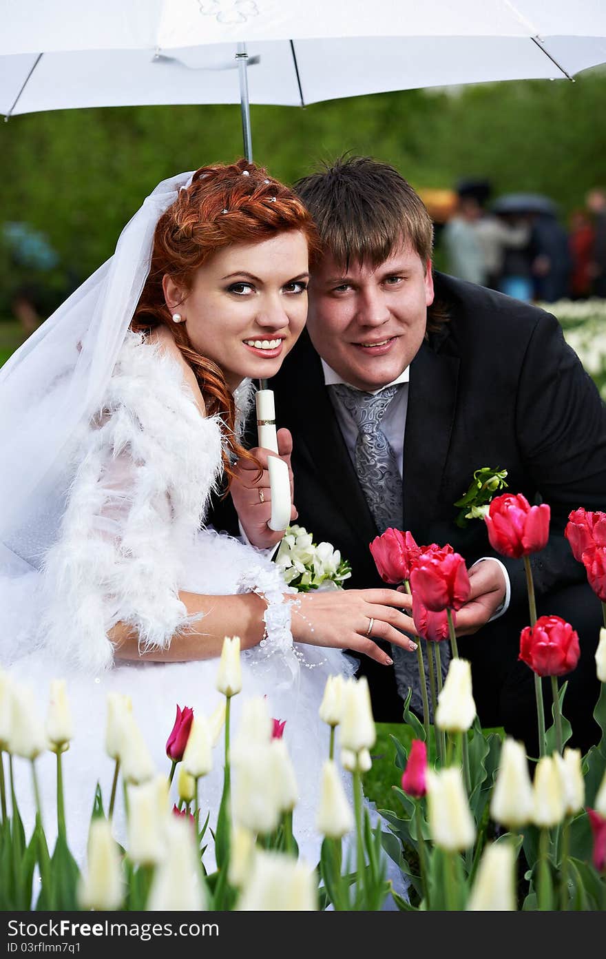 Happy bride and groom with umbrella at wedding walk in park surrounded by flowers. Happy bride and groom with umbrella at wedding walk in park surrounded by flowers