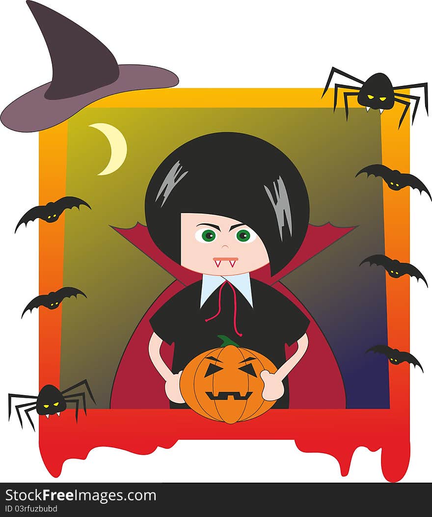 Halloween. Boy dressed as Dracula, bats, pumpkin and spiders - cartoon comic illustration