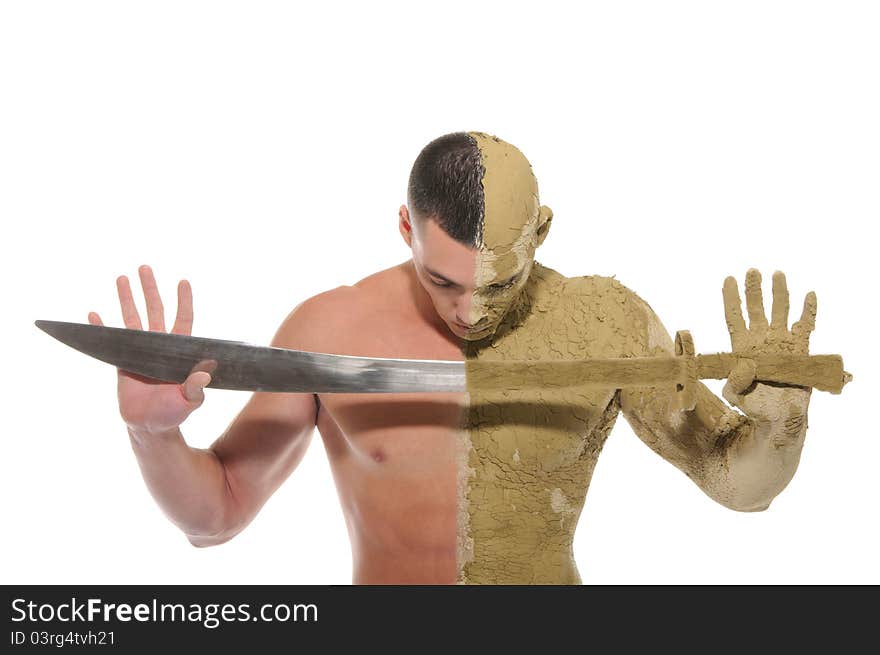 Young Man Half Smeared With Clay With Sword