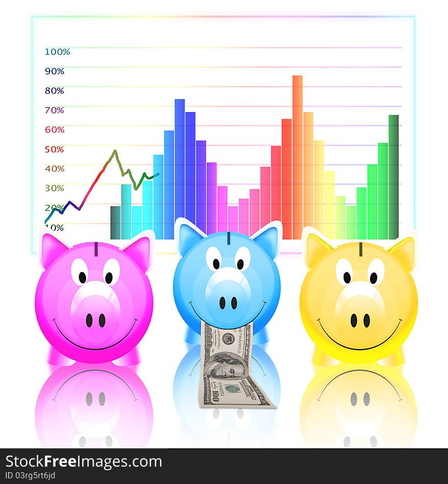 Piggy bank with money and graph. Piggy bank with money and graph