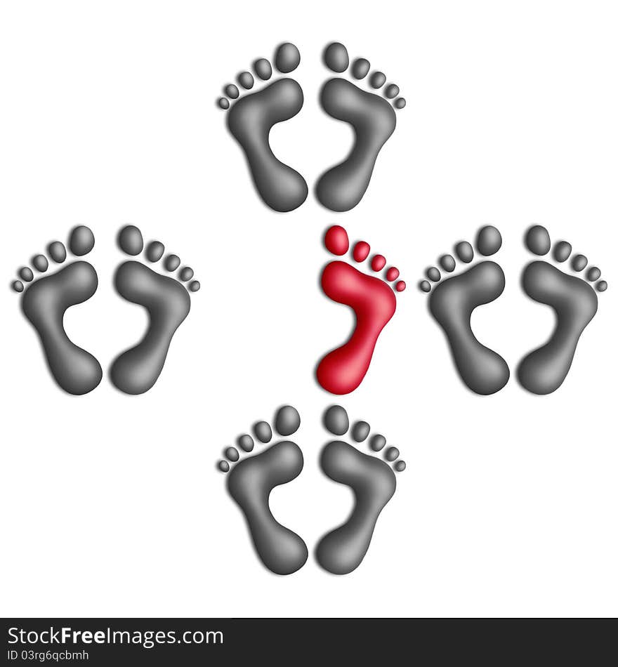 One-footed plasticine footprint among two-footed ones on a white background. One-footed plasticine footprint among two-footed ones on a white background