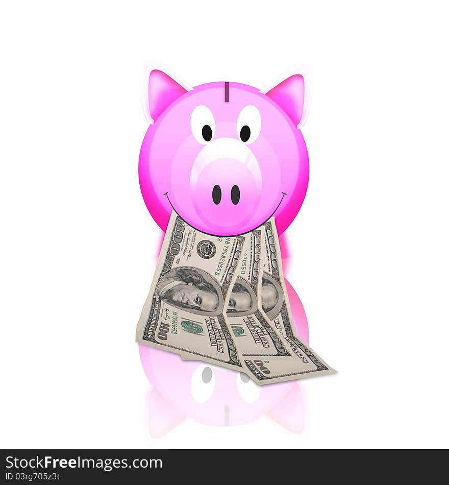 Piggy bank with money isolated on white background