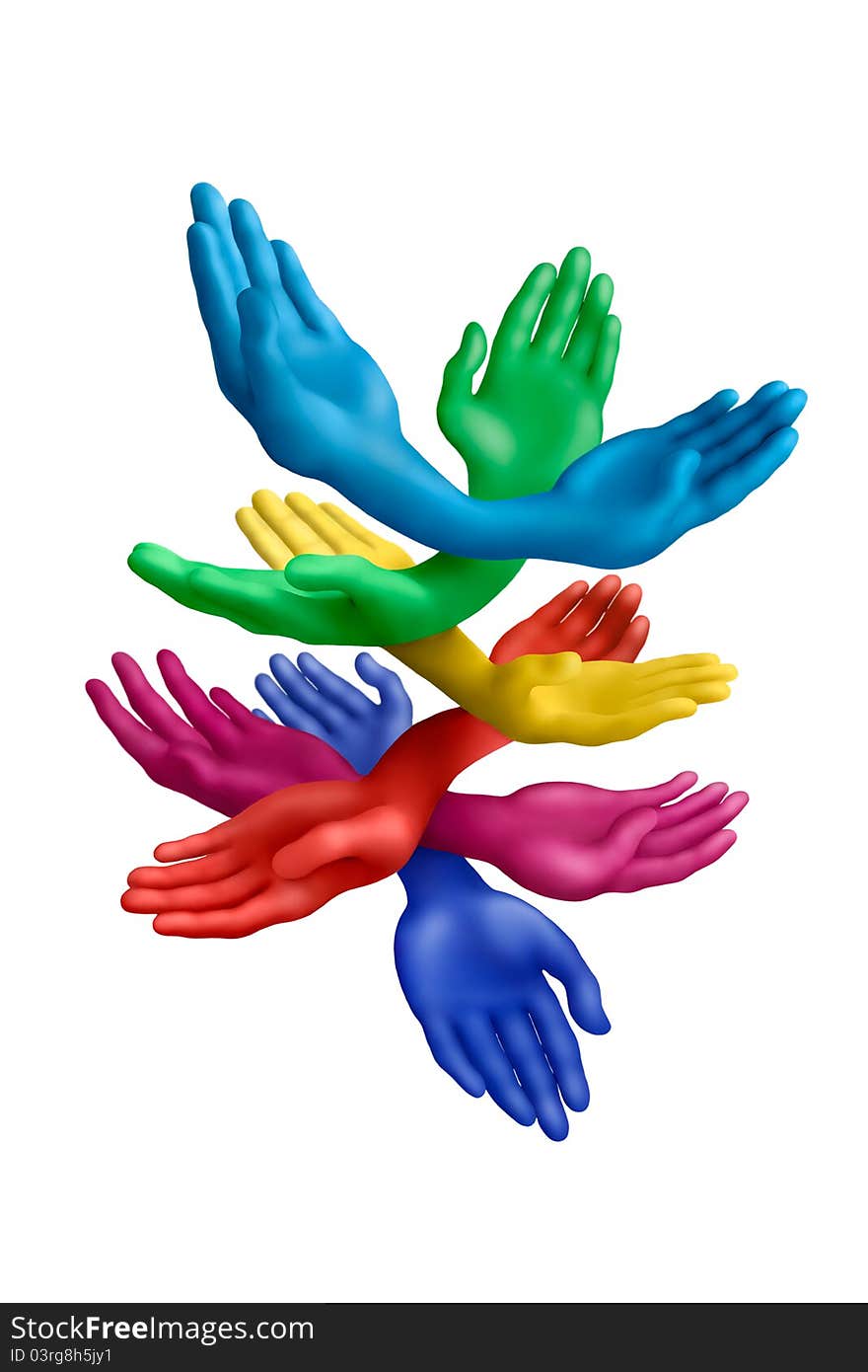 Multicolored plasticine hands on a white background. Multicolored plasticine hands on a white background