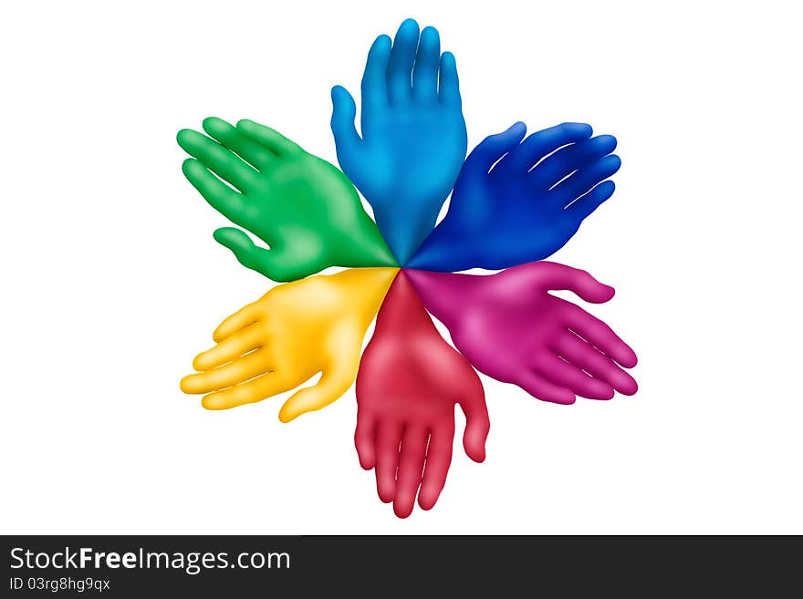 Multicolored plasticine hands on a white background. Multicolored plasticine hands on a white background