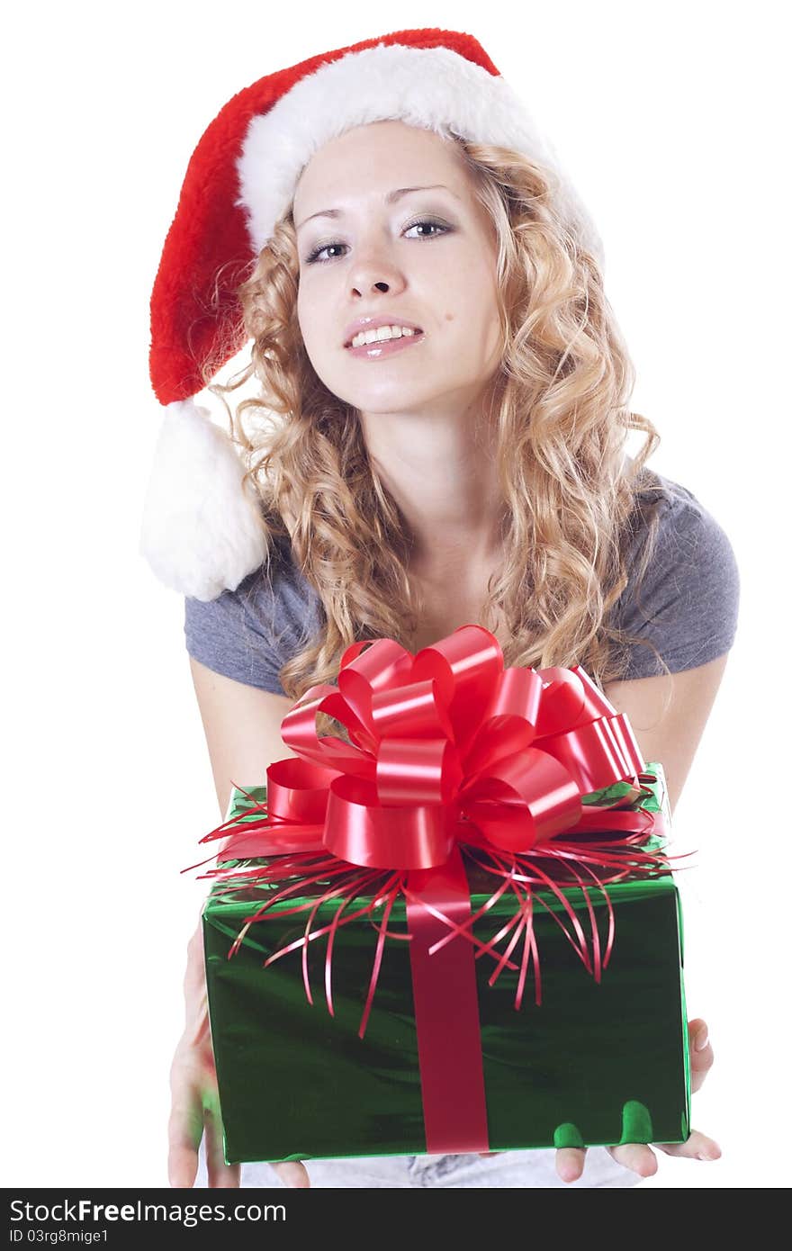 Pretty Santa girl with a present gift for New Year