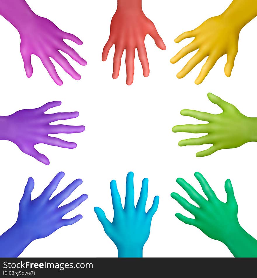 Multicolored plasticine hands on a white background. Multicolored plasticine hands on a white background