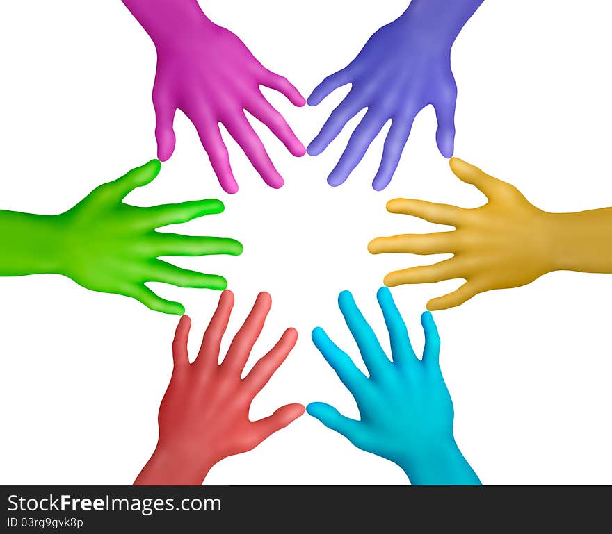 Multicolored plasticine hands on a white background. Multicolored plasticine hands on a white background