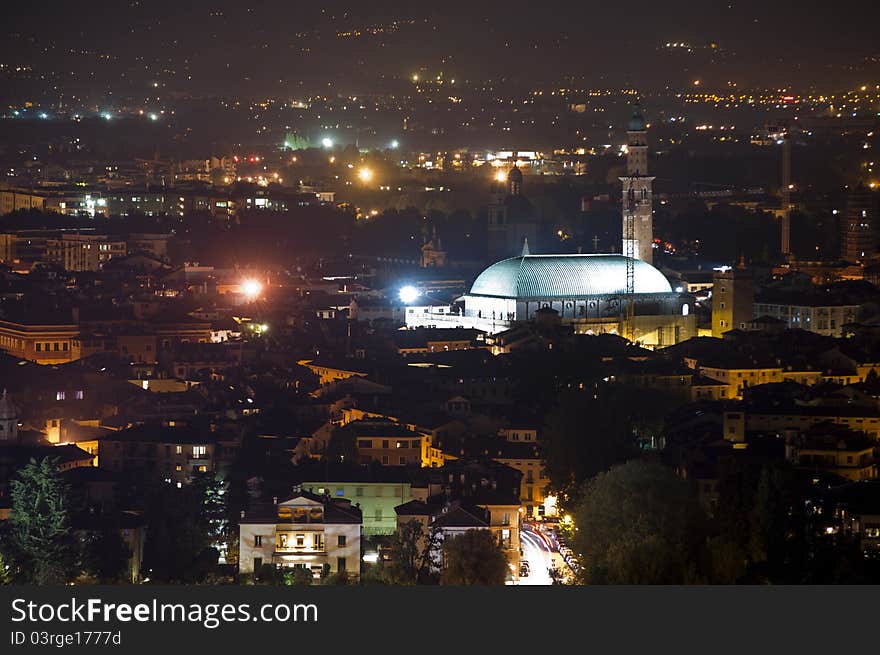 View on historical center of Vicenza from the top at night. View on historical center of Vicenza from the top at night