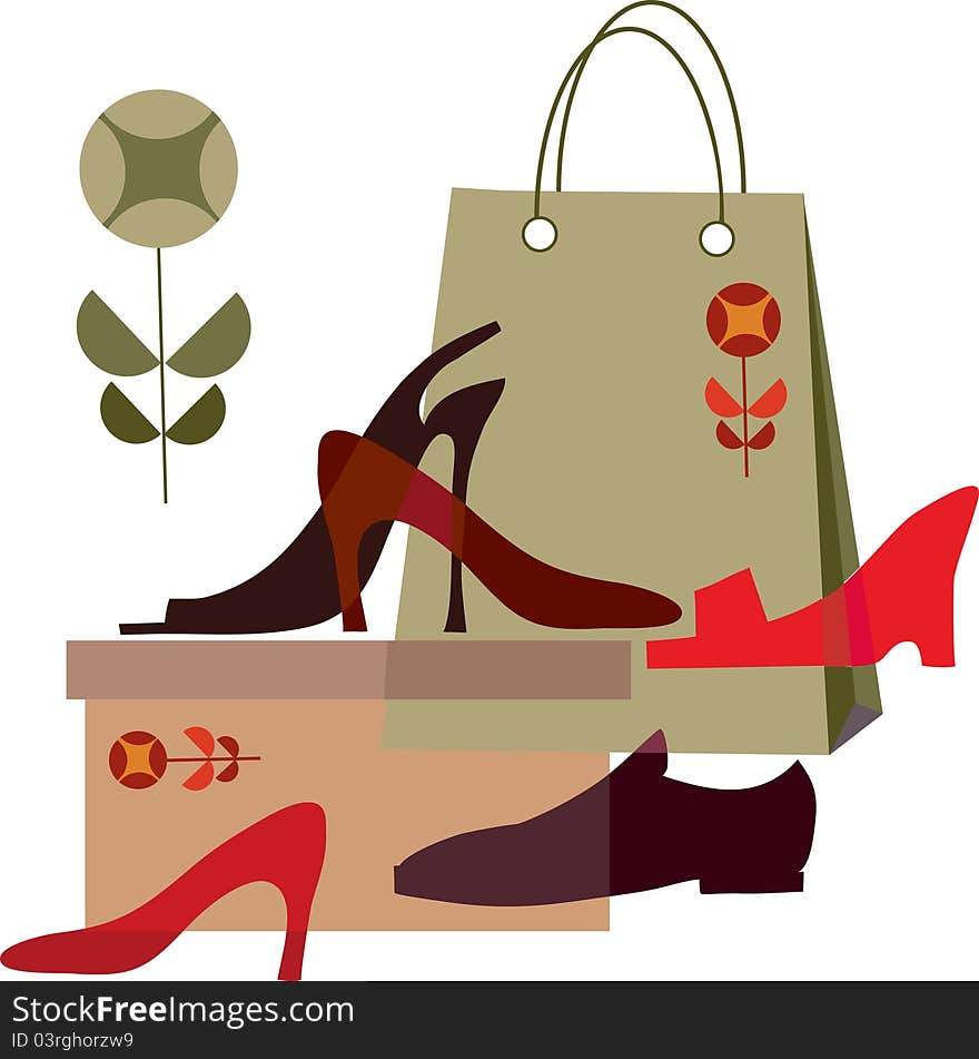 Shoe shopping, shopping bag and different shoes, vector