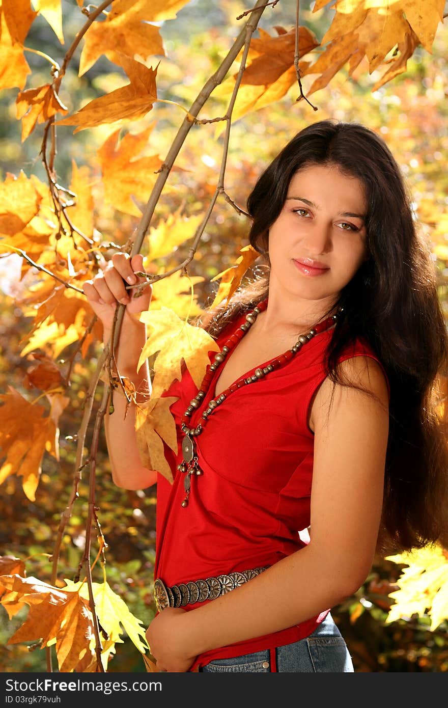 Attractive smiling young girl walking in autumn park. Attractive smiling young girl walking in autumn park