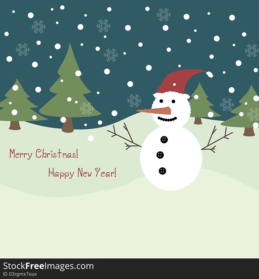 Christmas card with snowman for text