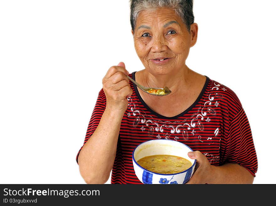 Happy old Woman who Eat beef curry Gruel. Happy old Woman who Eat beef curry Gruel