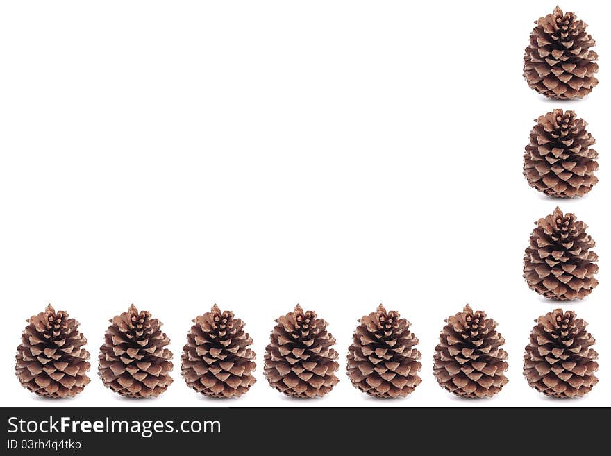 Christmas pinecones closeup over white