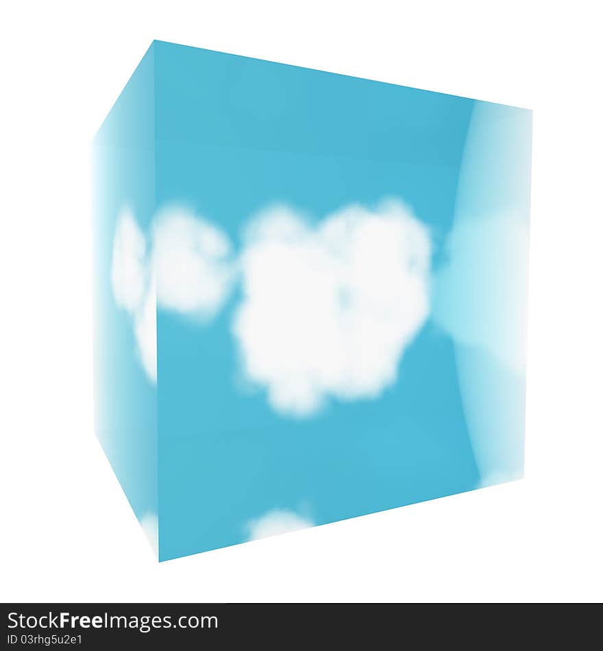 3D Illustration of cloud in glass sunny cube. 3D Illustration of cloud in glass sunny cube