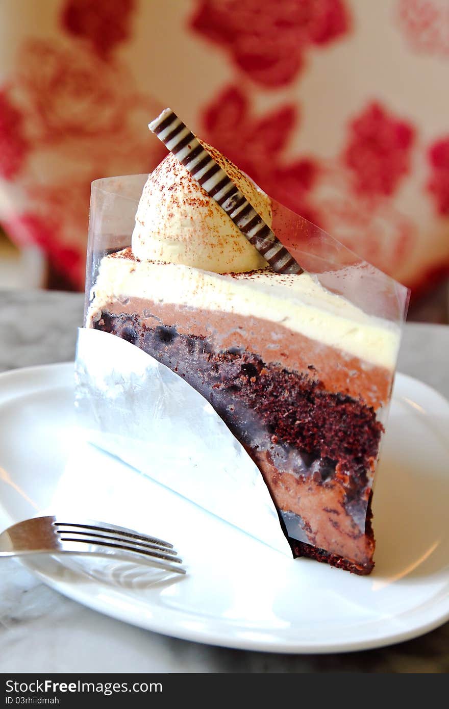 Yummy chocolate cake with fork on white plate