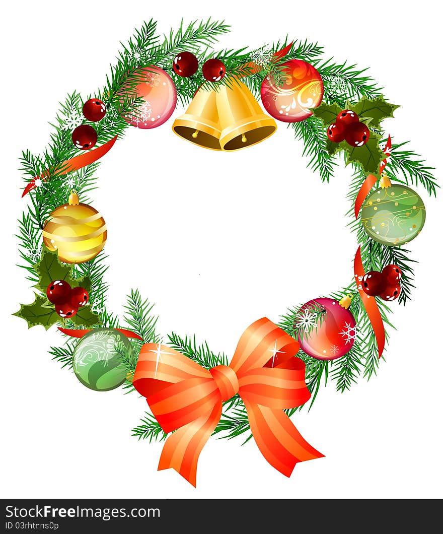 Christmas wreath with bells, bow and balls